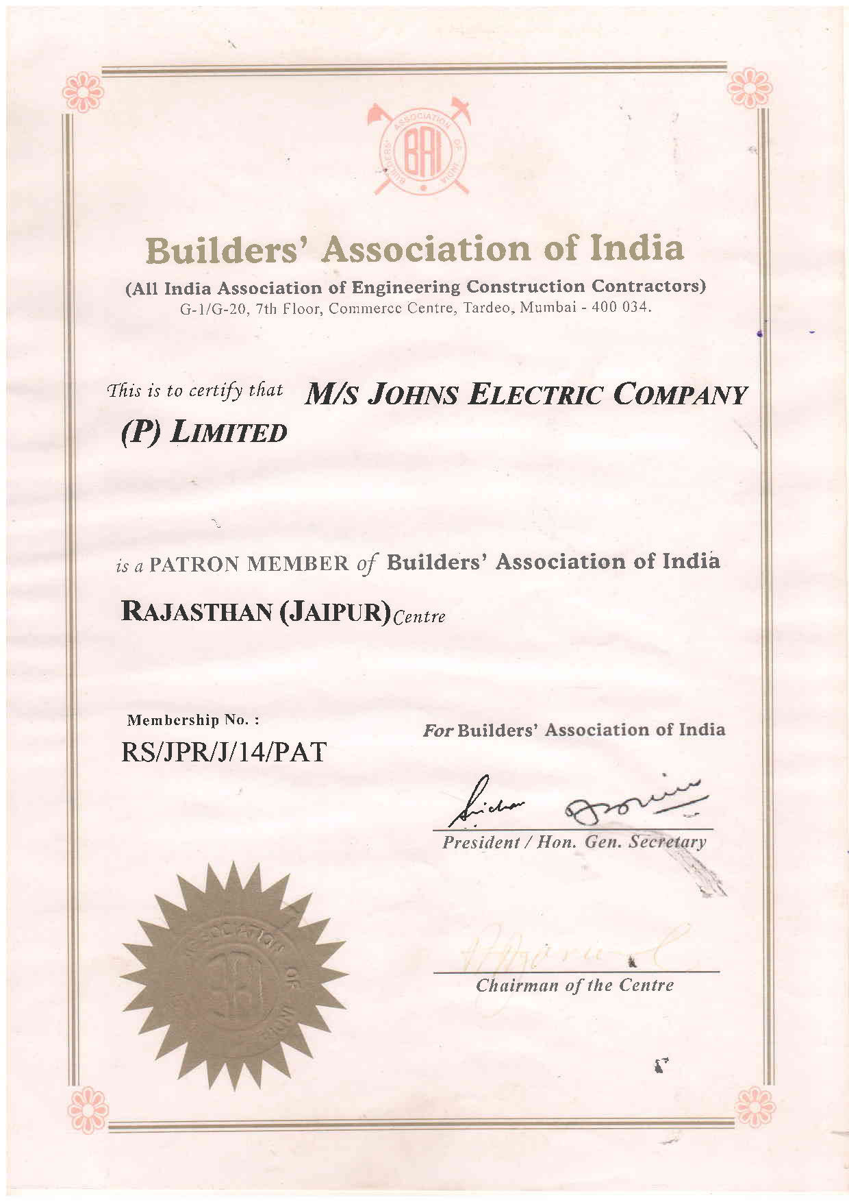 Builders' Association of India Membership Certificate