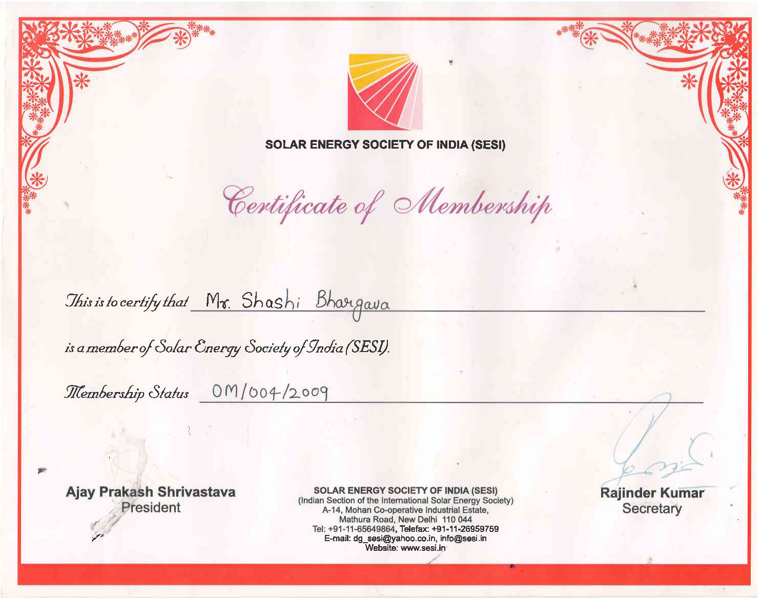 Solar Energy Society of India SESI Membership Certificate